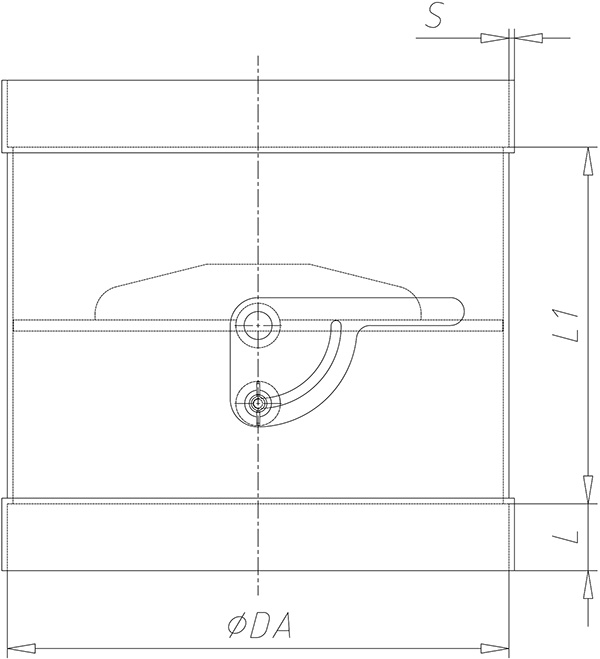 Absperrklappe mit Handhebel und Muffe, technische Zeichnung